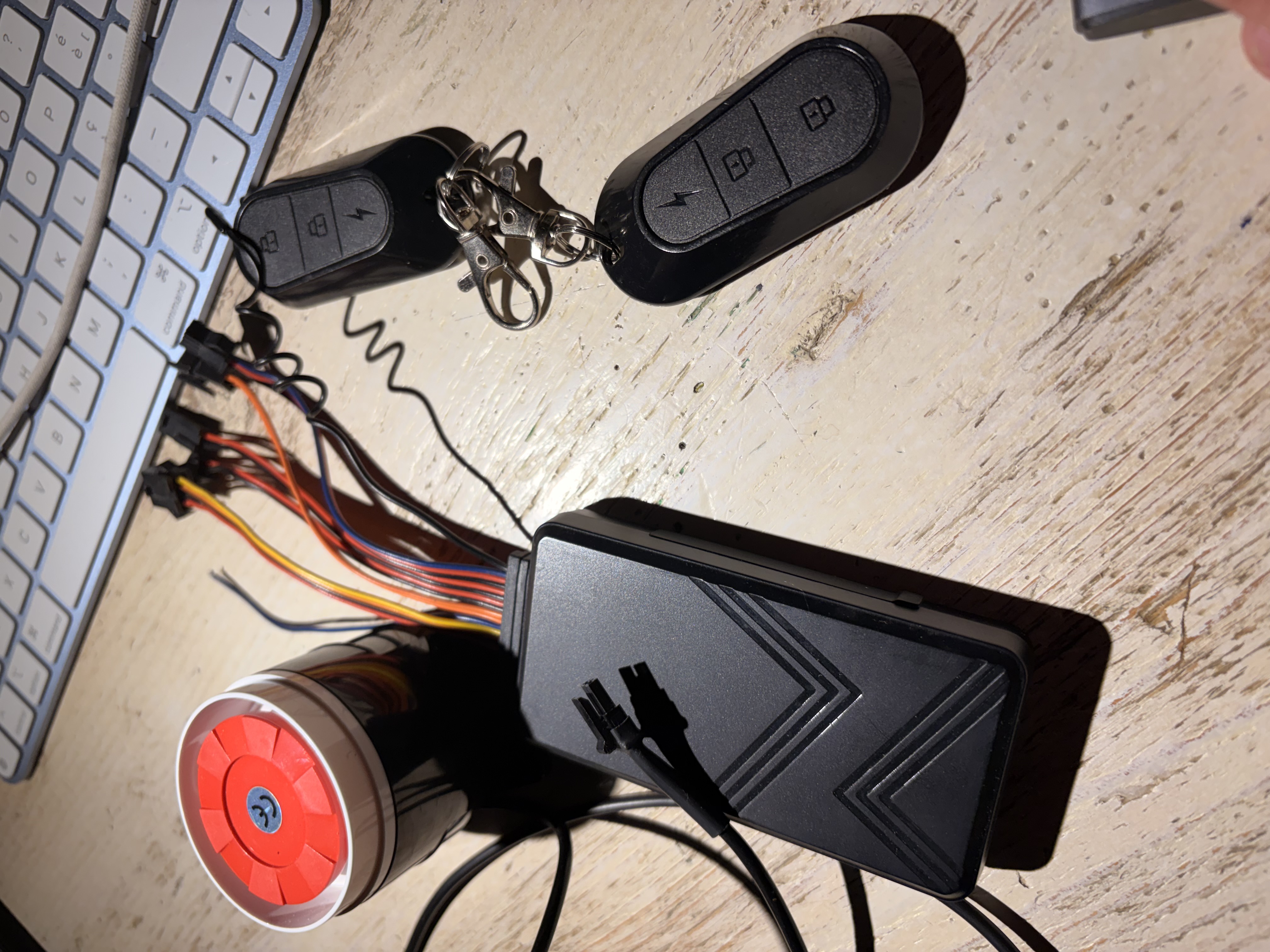 Kit completo: centralina (chevron pattern) + 2 telecomandi 433MHz + sirena 12V + cablaggio 14 fili