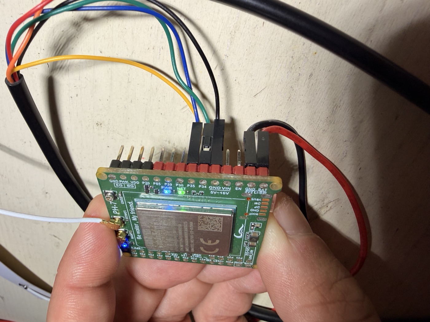 Config banco funzionante: PH-7 alimentata VBAT 3.8V (GND/BAT rosso-nero) + UART p35(TXD)/p43(RXD) alla Waveshare