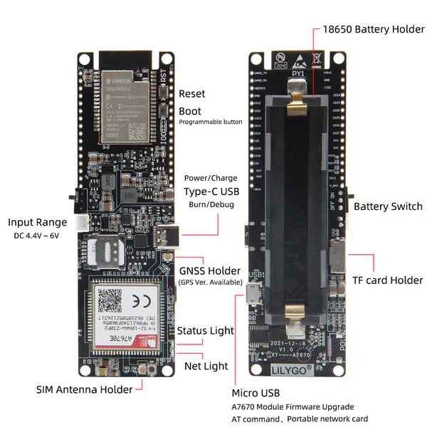 LilyGO T-A7670E R2 front+back annotated
