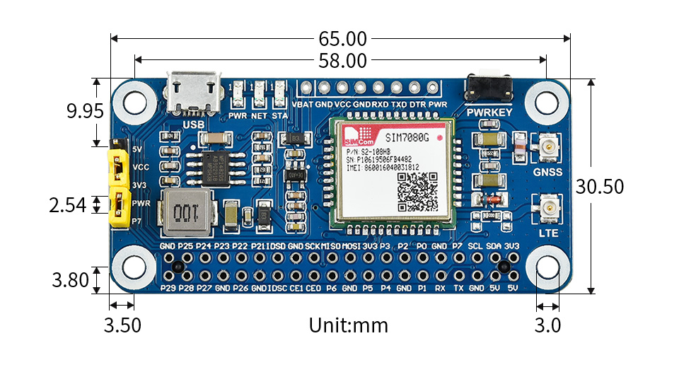 Waveshare SIM7080G HAT — layout, dimensioni e header 8-pin